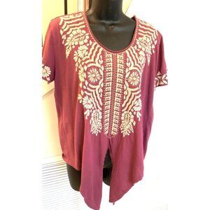 Johnny Was top tie front short sleeves wine/ embroidered  medium